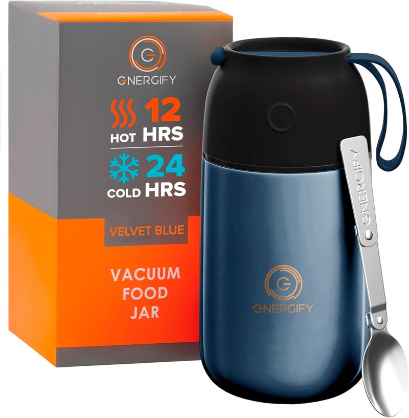 ENERGIFY Vacuum Insulated Food Jar. Large 24oz Bowl incl. Folding Spoon, Cup. Wide Mouth Keep Hot & Cold Drinks Soup Lunch Container for Adults. BPA-Free Stainless Steel, Leak Prooff Velvet blue - Image 1